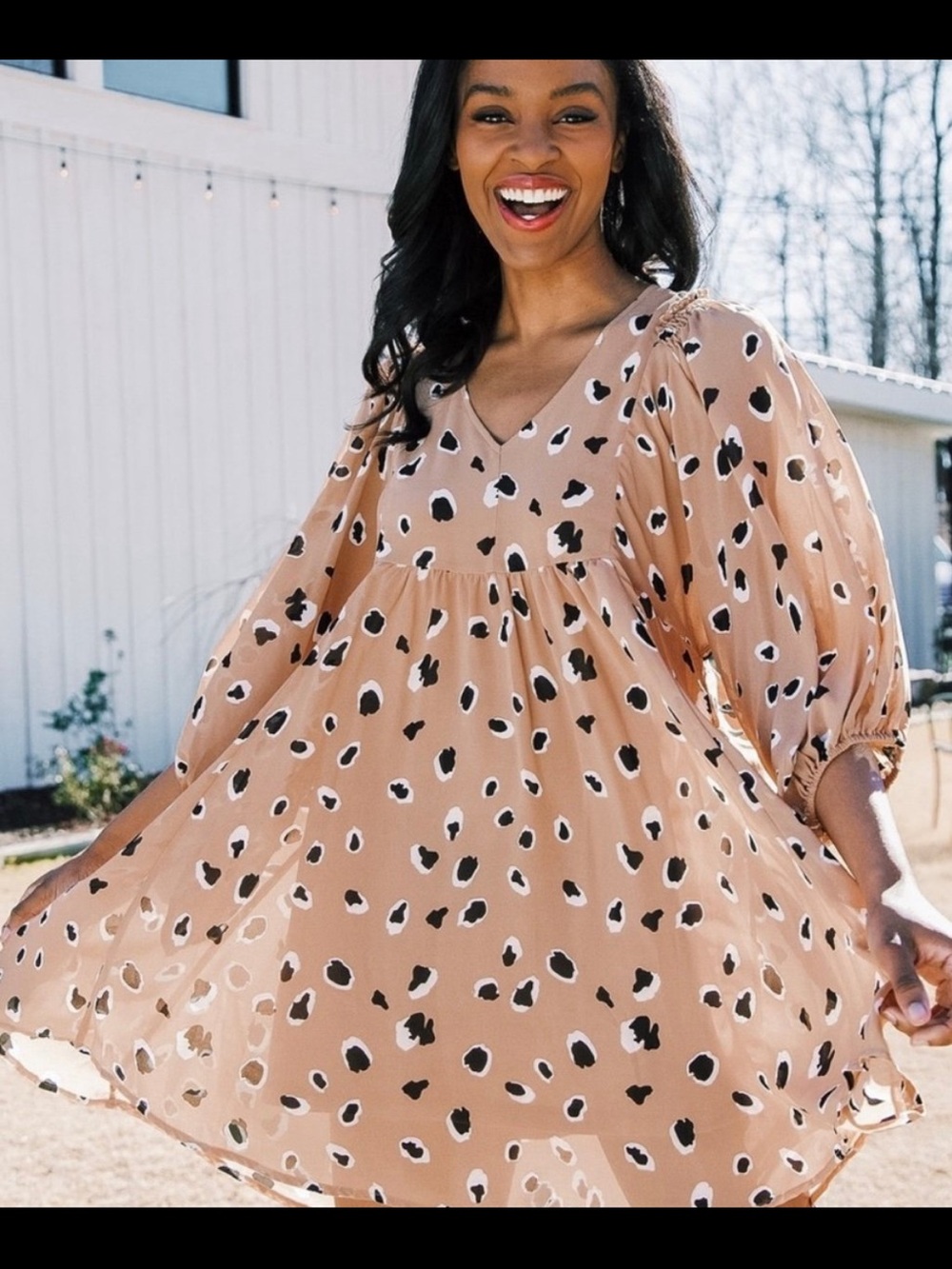 Umgee Tan Dress with Black and White Spot Print